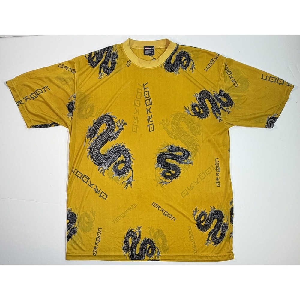Y2K Dragon‎ All Over Print Shirt Large Yellow Korean Streetwear Goth